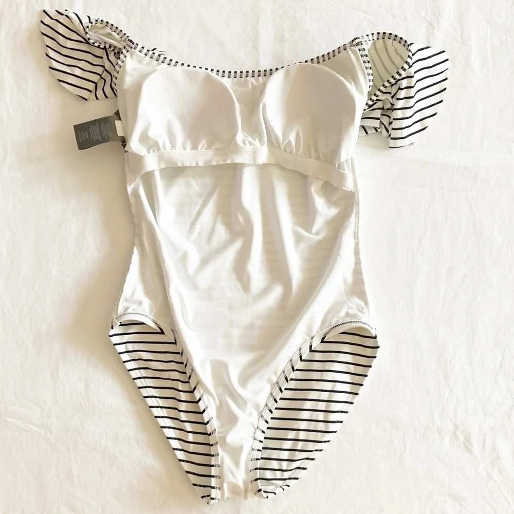 Vince Camino black and white‎ striped off-shoulder one piece swimsuit